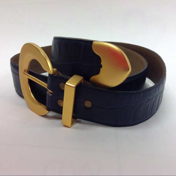B.B. Simon Blue Leather Belt  Croco Gold Buckle